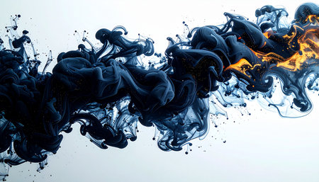 A dramatic burst of black and orange ink collides in clear liquid, creating a chaotic yet beautiful cloud. This abstract image captures a moment of intense transformation and creative energy, perfect for concepts of fusion, reaction, or artistic expression.の素材