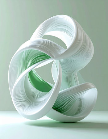A beautifully rendered 3D sculpture showcases an intricate, interwoven form. Its smooth, white surfaces twist and turn, revealing delicate layers of mint green within. Set against a soft, matching background, the image evokes a sense of calm, innovation, and the elegant complexity of modern design and data flow.の素材