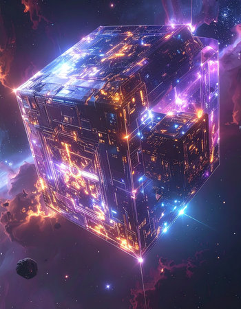 A colossal megastructure, a city-sized cube of advanced technology, drifts silently through a vibrant nebula. Its countless lights pulse with unknown energy, a beacon of cosmic intelligence in the vast, star-filled expanse of the universe.の素材