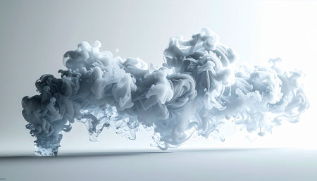 A dynamic plume of white and grey ink billows and expands in a clear space, creating an ethereal and abstract cloud formation. This mesmerizing visual evokes concepts of creativity, thought processes, data flow, or the gentle yet powerful forces of nature.の素材