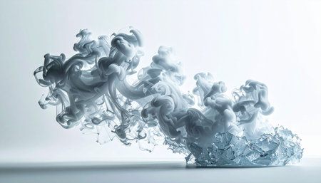 A mesmerizing cloud of silver and grey ink billows through clear water, creating an ethereal and dynamic abstract form. This captivating visual represents the flow of creativity, the birth of an idea, or a moment of scientific discovery frozen in time.の素材