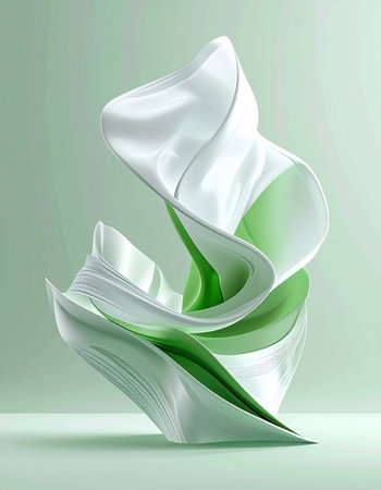 A graceful, sculptural form unfolds in a delicate dance of green and white. Its silky, fluid curves suggest gentle motion and organic growth, creating a sense of calm, purity, and modern elegance. This abstract piece is perfect for concepts of wellness, technology, and sophisticated design.の素材