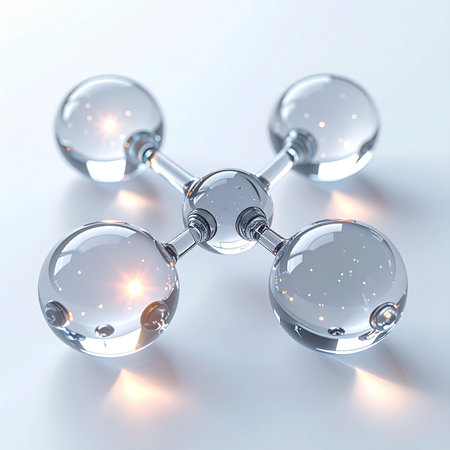 A pristine glass molecule model sits against a clean, white background, its transparent structure catching and refracting warm light. This image represents a core scientific breakthrough, symbolizing purity, innovation, and the fundamental building blocks of future technology and medical advancements.の素材