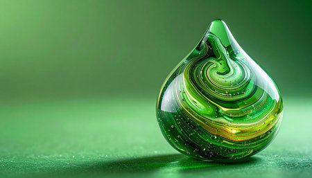 A single, precious drop of green glass captures a swirling vortex of energy within. Set against a serene, matching background, this elegant object evokes a sense of calm, nature, and the contained power of life itself. A perfect visual for concepts of sustainability, wellness, and focused energy.の素材