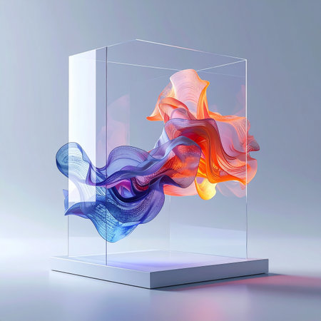 Two ethereal forms, one warm and fiery, the other cool and serene, dance together in a delicate balance. Encased within a minimalist glass display, their fluid motion represents the fusion of opposing ideas, the harmony of contrast, and the beautiful complexity of creative energy.の素材