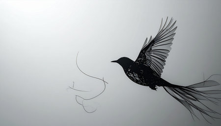 In a moment of pure elegance, a black bird glides through a minimalist sky, its wings spread in graceful flight. It carries a single, delicate thread, a symbol of new beginnings, creativity, and the fragile start of a beautiful creation.の素材