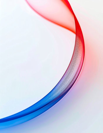 A delicate, ethereal ribbon of light gracefully arcs across a clean white canvas. Its colors transition seamlessly from a vibrant red to a deep, calming blue, suggesting a flow of energy, data, or creative thought. This minimalist and elegant design evokes a sense of modern innovation and fluid motion, perfect for sophisticated technological or scientific concepts.の素材