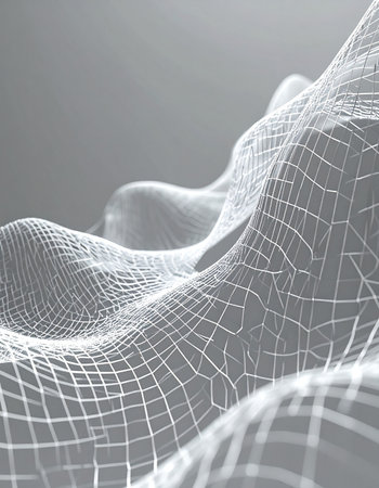A flowing digital landscape rendered in a clean, monochromatic wireframe, representing the complex architecture of big data. This abstract visualization evokes concepts of global networks, technological innovation, and the intricate patterns of information flow in a futuristic world.の素材
