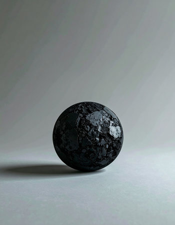 A single, dark sphere with a complex, crystalline texture rests in a minimalist space. Its rough surface catches the light, revealing intricate details against a soft gray background, evoking a sense of mystery, elegance, and cosmic wonder.の素材