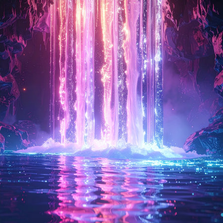 In the heart of a hidden cave, a magical waterfall cascades with vibrant, otherworldly light. Its neon glow illuminates the grotto, reflecting in the serene pool below, creating a scene of pure enchantment and tranquil mystery.の素材