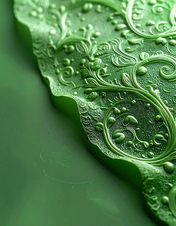 A detailed macro view of an intricate, embossed floral pattern on a rich green surface. This ornate texture evokes a sense of timeless elegance and masterful craftsmanship, perfect for projects requiring a touch of luxury and natural beauty.の素材