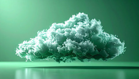 A single, ethereal cloud of soft green vapor hovers weightlessly above a reflective surface. Bathed in gentle, diffused light, this surreal formation evokes concepts of clean technology, data storage, environmental innovation, and the power of imagination in a minimalist, abstract setting.の素材
