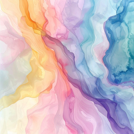 A delicate dance of translucent rainbow hues unfolds in this fluid watercolor background. Soft waves of pastel ink blend seamlessly, creating an ethereal and dreamy texture perfect for projects that evoke a sense of calm, creativity, and gentle inspiration.の素材