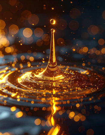 A single, perfect drop of precious golden liquid makes an elegant impact, creating a mesmerizing crown splash and gentle ripples. The scene, set against a dark background with warm, glowing bokeh, evokes a sense of luxury, purity, and the essence of a premium, high-quality substance.の素材
