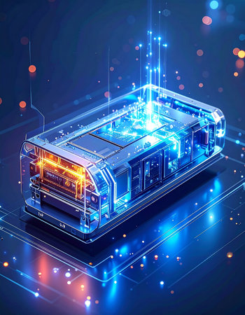 A luminous data core comes to life, processing vast amounts of information in a seamless flow of energy. Streams of light represent the rapid transfer of knowledge through a next-generation network, symbolizing the power and speed of future technological innovation.の素材