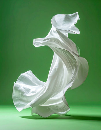 A single piece of pure white silk is captured in a moment of graceful dance, its folds and curves creating an elegant, abstract sculpture against a vibrant green backdrop. The image evokes a sense of freedom, purity, and fluid motion, perfect for concepts of elegance, innovation, and ethereal beauty.の素材