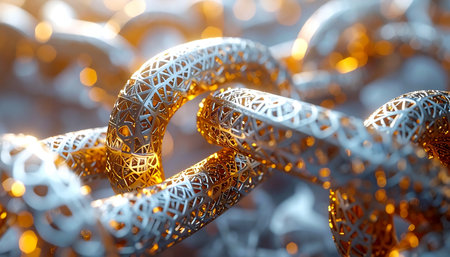 A powerful, secure digital ledger is visualized as an unbreakable chain forged from light and complex data. Each link represents a secure transaction, glowing with the energy of a decentralized network, symbolizing the future of finance and secure information exchange.の素材