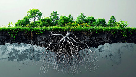 A view beneath the surface reveals the intricate and powerful root system that nourishes and supports the vibrant green world above. This image symbolizes the hidden strength, deep foundations, and interconnectedness essential for growth and stability.の素材