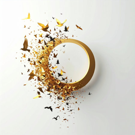 A flock of birds bursts forth from a shimmering golden ring, their forms dissolving into a dynamic explosion of particles. This abstract composition on a clean white background symbolizes freedom, transformation, and the powerful moment of breaking free into a new beginning.の素材