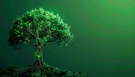 In a digital ecosystem, a luminous tree emerges, its branches and roots intricate circuit pathways. This powerful symbol represents the harmonious growth of green technology and sustainable innovation, where natures wisdom is encoded into the future of our planet.の素材