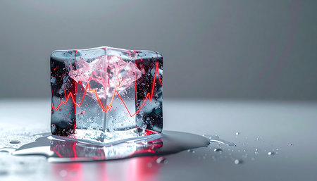 A mysterious red energy core pulsates from within a perfectly clear ice cube. As the cube slowly melts on a reflective surface, it begins to release the strange, hidden power that was trapped and frozen in time, creating a sense of scientific discovery and impending change.の素材