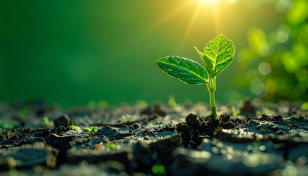 A tiny green sprout breaks through the dark, fertile soil, reaching for the warm, life-giving rays of the morning sun. This image symbolizes a new beginning, hope, and the powerful potential of growth and renewal.の素材