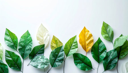 A single golden leaf stands out amongst a row of green, symbolizing individuality, uniqueness, and the courage to be different. This minimalist flat lay on a white background represents concepts of change, leadership, and standing out from the crowd.の素材