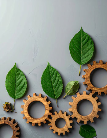 A flat lay composition illustrating the synergy between industrial progress and environmental responsibility. Rusty gears, symbolizing traditional industry, are intertwined with fresh green leaves, representing nature and growth. This powerful visual metaphor speaks to concepts of green technology, sustainable development, and the future of eco-friendly engineering.の素材