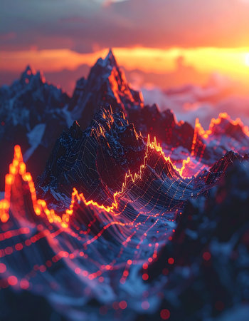 A stunning 3D rendering of a mountain range transformed into a glowing financial stock market chart. The peaks and valleys represent market volatility and data fluctuations, illuminated by a dramatic sunset. This abstract visual conceptualizes big data, cryptocurrency trends, economic growth, and the futuristic digital frontier of technology and finance.の素材