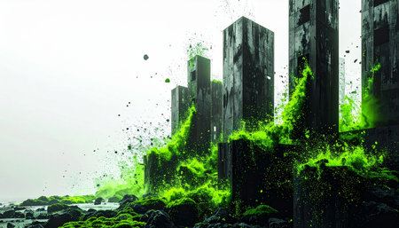 In a stark, silent world, monolithic towers of a forgotten civilization crumble, not from time, but from a vibrant, explosive burst of green life. Nature reclaims its domain with chaotic energy, symbolizing a powerful and beautiful rebirth from the ashes of technology.の素材