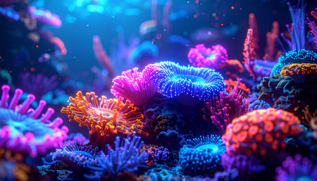 In the quiet depths of the ocean, a hidden garden of coral comes alive with an electric, otherworldly glow. This vibrant ecosystem pulses with fluorescent pinks, blues, and purples, creating a magical and mysterious underwater spectacle that showcases the fragile beauty of marine life.の素材