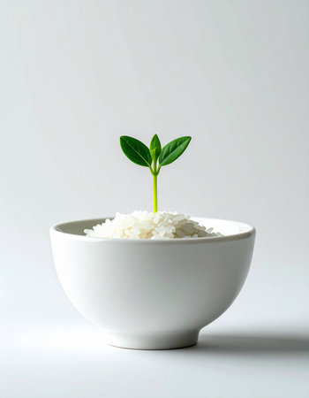 A single, vibrant green sprout emerges from a simple white bowl of rice, symbolizing new beginnings, hope, and the potential for growth from the most fundamental sources. This minimalist composition represents concepts of sustainability, agricultural innovation, and the delicate start of a new life cycle.の素材