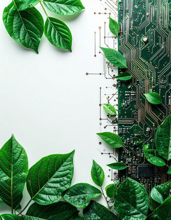 A vibrant green plant grows over a complex circuit board, symbolizing the seamless integration of nature and technology. This powerful visual represents a future where innovation and environmental responsibility coexist, driving progress towards a sustainable digital world.の素材