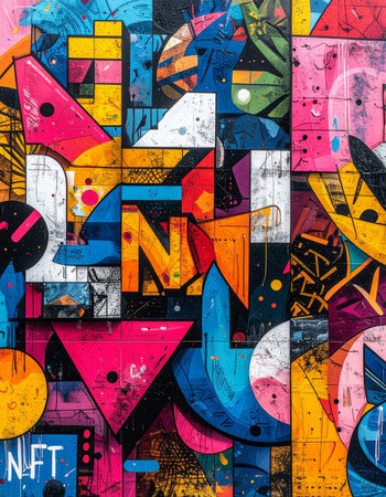 A chaotic explosion of color and form captures the disruptive energy of the digital art revolution. This vibrant graffiti mural, featuring the letters NFT, symbolizes the fusion of street culture with futuristic blockchain technology, representing a new era of creativity and digital assets.の素材
