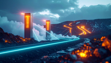 On a distant alien world, a high-tech power station illuminates the dramatic twilight. Colossal geothermal towers harness the planets molten core, sending streams of pure energy through glowing neon conduits that carve a path through the dark, volcanic landscape.の素材