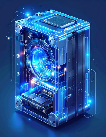 Inside a secure data center, a next-generation quantum computer core hums with immense power. Its glowing blue circuits process vast amounts of data, representing a breakthrough in artificial intelligence and complex problem-solving for the future of technology.の素材