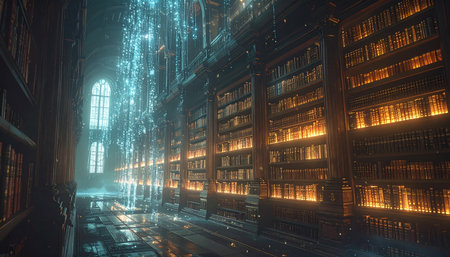Step into a vast, futuristic library where ancient wisdom meets digital innovation. Glowing bookshelves stretch into infinity, their light reflecting on the floor, while streams of data flow like waterfalls. This is a sanctuary for knowledge, a digital archive holding the secrets of the past and the possibilities of the future.の素材