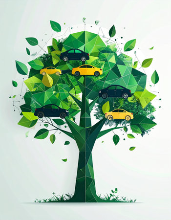 An illustrative concept of a vibrant, low-poly tree bearing various cars on its branches. This symbolizes the growth of sustainable transportation, green energy, and the future of an eco-friendly automotive industry in harmony with nature.の素材