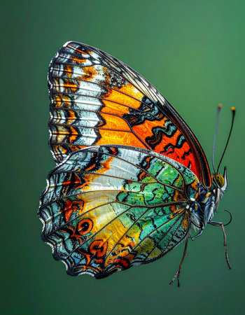 A stunning macro photograph captures the ethereal beauty of a butterfly, its wings a living kaleidoscope of vibrant, jewel-toned colors. Against a soft green backdrop, the intricate patterns and delicate textures evoke a sense of wonder, natures artistry on full display.の素材