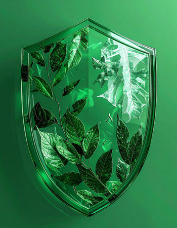 A vibrant green shield, glowing with an inner light, encapsulates a collection of natural leaves. This powerful visual serves as a metaphor for environmental protection, sustainable security, and the inherent strength found in nature. It represents a modern concept of defense, where growth and conservation are the ultimate safeguards.の素材