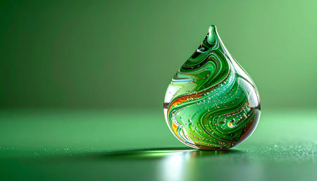 A single, luminous drop of swirled green glass rests on a reflective surface, capturing light and color. This elegant, abstract form evokes concepts of environmental purity, sustainable energy, and the delicate beauty of nature encapsulated in a modern, artistic design.の素材