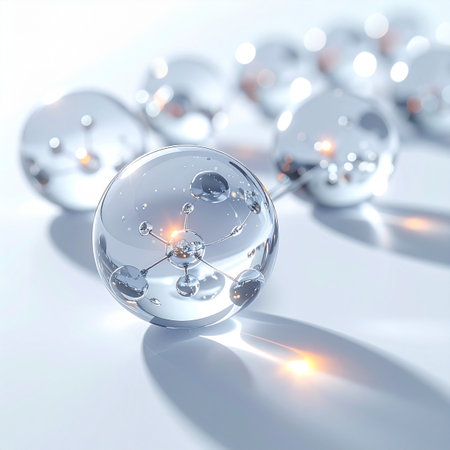 A luminous core pulses with energy at the heart of an interconnected network of glass spheres. This abstract visual represents the flow of data, innovation, and the power of a central system in a futuristic technological landscape, symbolizing concepts like AI, blockchain, or a global communication hub.の素材