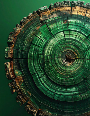 A stunning macro view of a trees cross-section, where organic wood grain has been transformed into precious malachite. The deep emerald and jade green concentric rings tell a story of ancient, magical growth, blending geology with botany in a surreal, luxurious abstract background.の素材