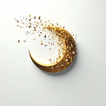 A golden crescent moon gently dissolves into a flock of birds, taking flight against a stark white canvas. This surreal and magical image represents transformation, freedom, and the beautiful process of letting go to embrace a new journey.の素材