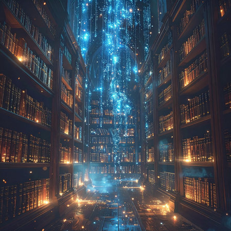 In the heart of a timeless archive, where ancient tomes line infinite shelves, a luminous waterfall of pure data cascades from the ceiling. This surreal spectacle represents the convergence of historical wisdom and the boundless flow of modern digital information, a place of ultimate knowledge and discovery.の素材