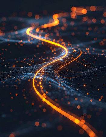 A vibrant stream of glowing orange data carves a dynamic path through a dark, abstract digital landscape. This represents the rapid flow of information, the journey of innovation, and the powerful energy of technological progress in the modern era of big data and connectivity.の素材