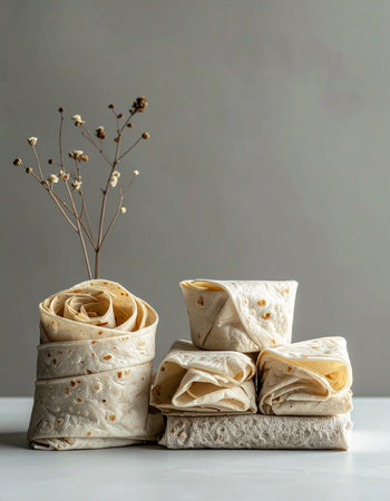 A minimalist and artistic still life composition where rolled flatbread is transformed into a sculptural vase holding a delicate sprig of dried flowers. This modern, wabi-sabi inspired scene evokes a sense of calm, sustainable beauty, and creative culinary art against a neutral grey background.の素材