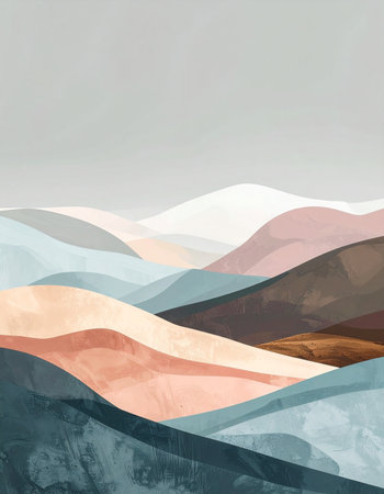 Layers of rolling hills in a soft, muted palette of earth tones, dusty blues, and blush pinks create a tranquil and serene landscape. This minimalist abstract artwork evokes a sense of calm and quiet contemplation, perfect for designs that require a touch of modern elegance and peacefulness.の素材