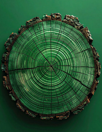 A striking top-down view of a trees cross-section, bathed in a vibrant green light. The intricate pattern of annual rings tells a story of time and resilience, making it a powerful visual metaphor for sustainable growth, environmental data, and the core of a business strategy.の素材