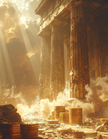 Sunbeams pierce through the clouds, revealing a majestic, ancient temple floating in the heavens. In the foreground, barrels and chests overflow with golden treasure, hinting at a divine hoard or the reward at the end of an epic quest for glory and fortune.の素材
